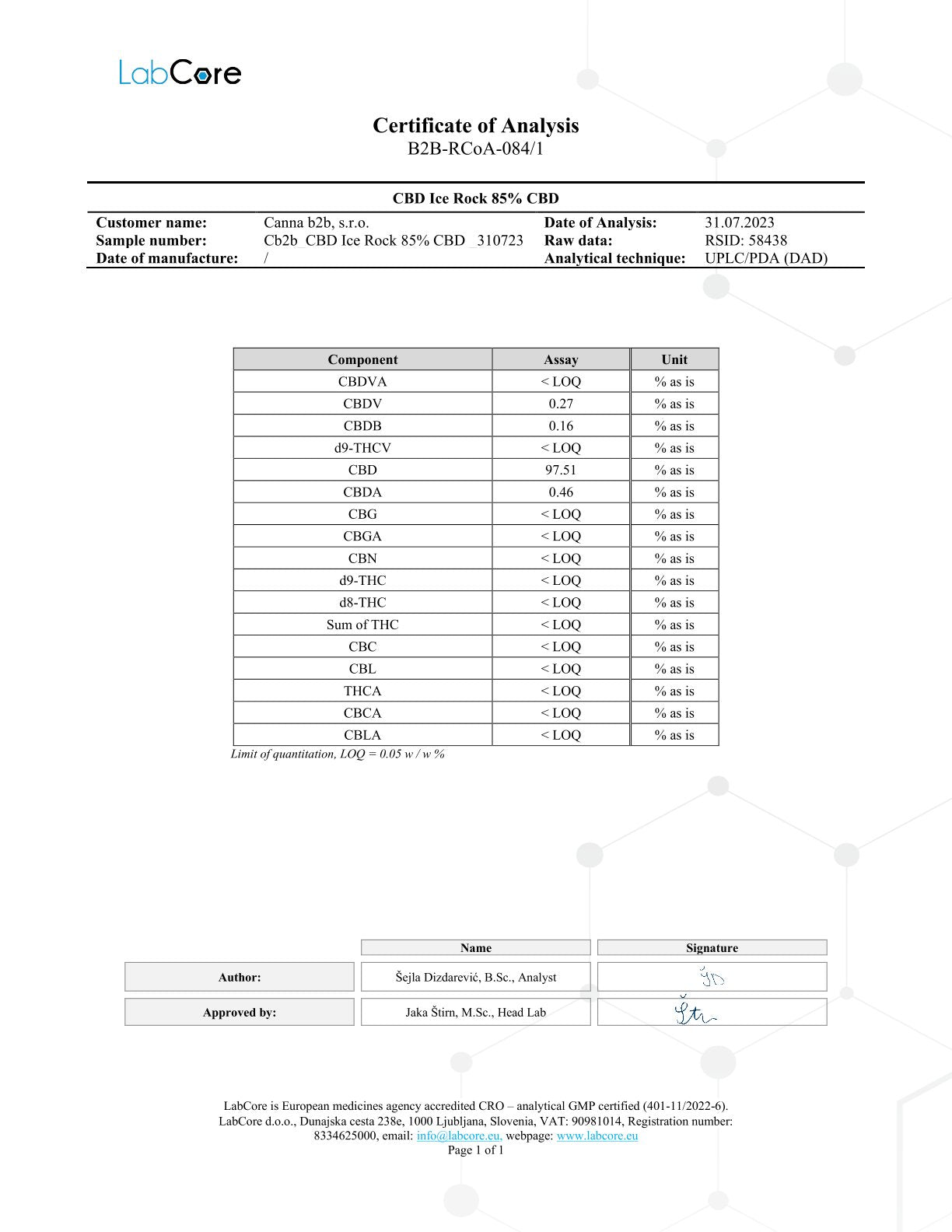 Ice Rocks - 85% CBD - Analysebericht